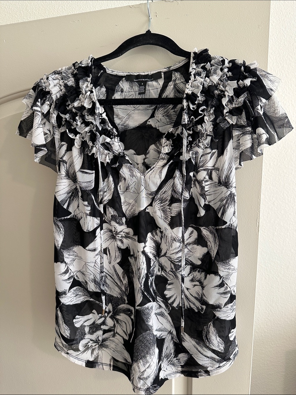 White House Black Market Black & White Floral Ruffle Tie-Neck Blouse